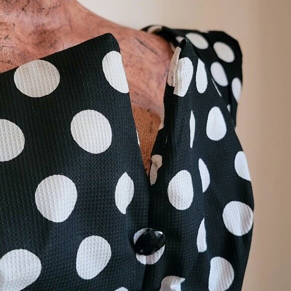 Vintage Y2K 80s 90s Black & White Polka Dot Off-Shoulder Dress with Rached Detai - Picture 6 of 16